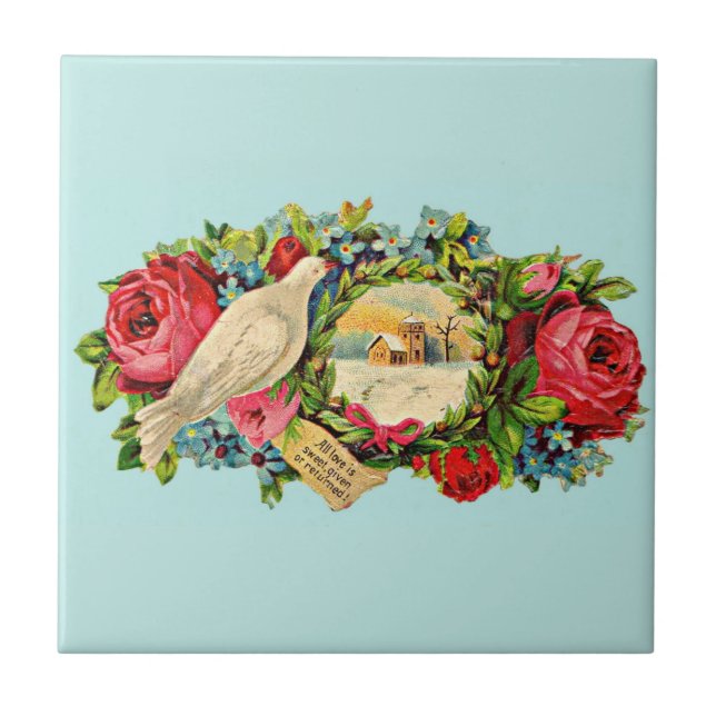 Victorian white dove and love message ceramic tile (Front)