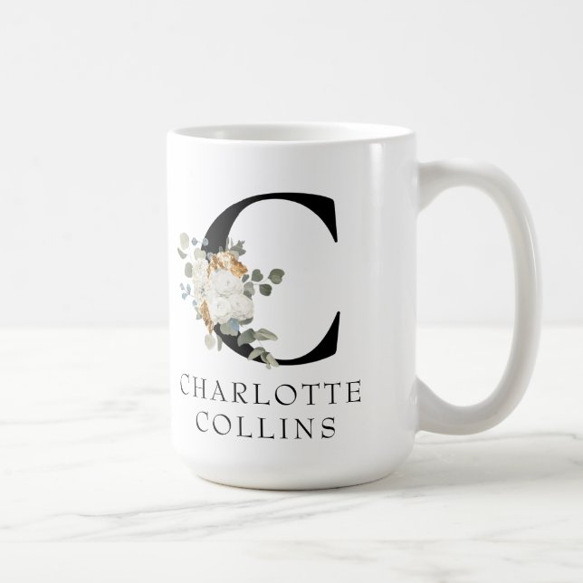 Victorian White Floral Monogram C with Name Coffee Mug (Right)
