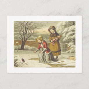 Victorian Winter Children Feeding Robin (1853) Holiday Postcard