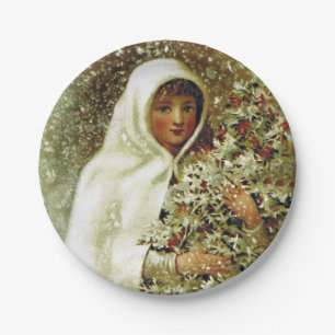 Victorian winter girl holly berry branches snow paper plate