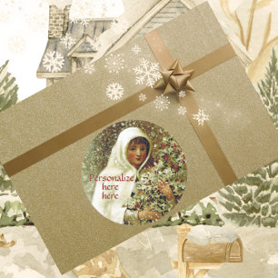 Victorian winter girl holly berry snow white green classic round sticker