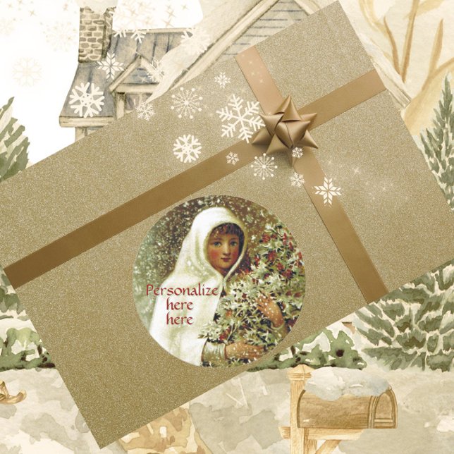 Victorian winter girl holly berry snow white green classic round sticker (Creator Uploaded)