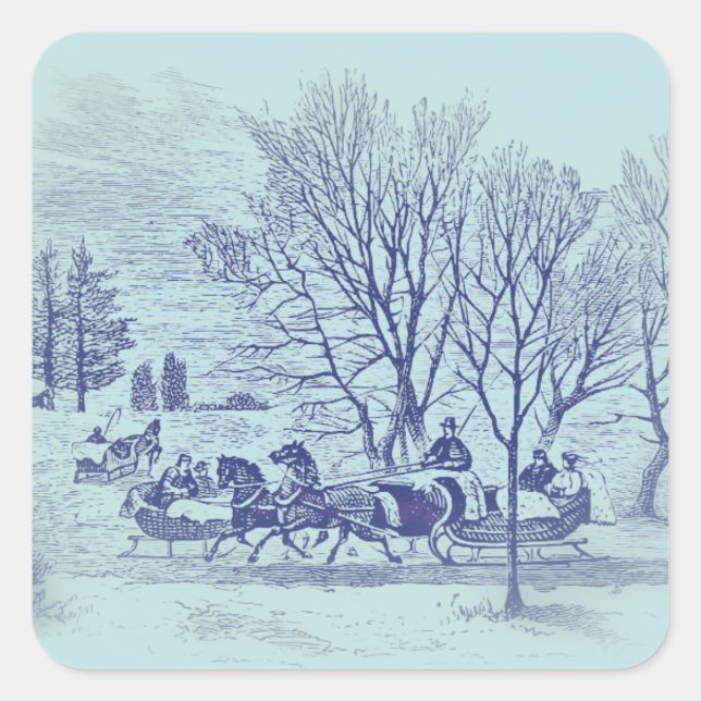 Victorian winter scene in blue square sticker (Front)