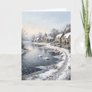 Victorian Winter Swans Village Christmas Card