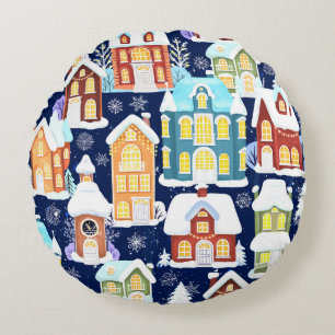 Victorian Winter Town: Christmas Pattern Round Cushion