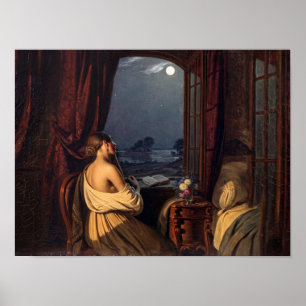 Victorian Woman at Moonlit Window Painting Poster
