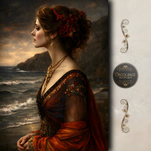 Victorian Woman by Sea Red Roses Decoupage Tissue Paper