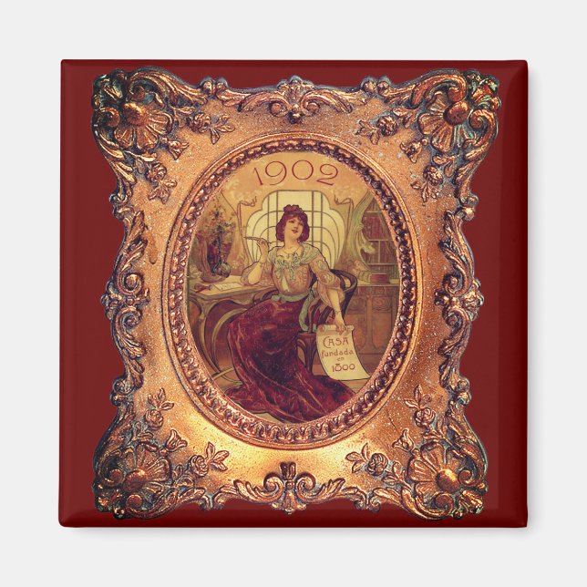 Victorian woman elegant picture frame gold red magnet (Front)