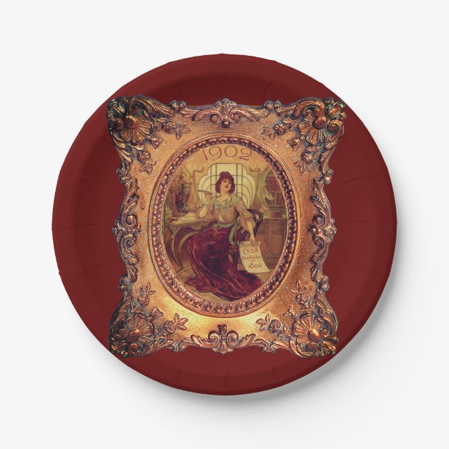 Victorian woman elegant Victorian frame gold red Paper Plate (Front)