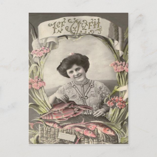 Victorian Woman Fish Poisson d'avril April Fool's Postcard (Front)