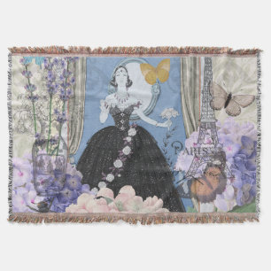 Victorian Woman Floral Fancy Gown Throw Blanket