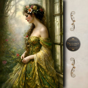 Victorian Woman Green Gold Elegance Decoupage Tissue Paper