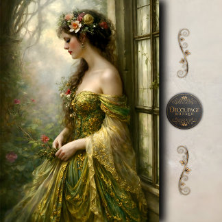 Victorian Woman Green Gold  Elegance Decoupage Tissue Paper
