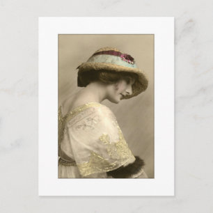 Victorian woman in hat and beaded dress postcard
