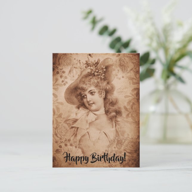 Victorian Woman in Hat Flowers Sepia Monochrome  Postcard (Standing Front)