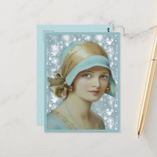 Victorian Woman in Light Blue Hat & Dress Postcard