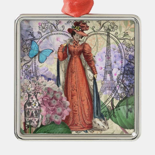 Victorian Woman in Red Colourful Fashion Metal Ornament (Front)