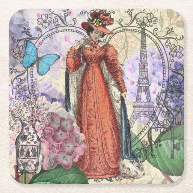 Victorian Woman in Red Colourful Fashion Square Paper Coaster (Front)