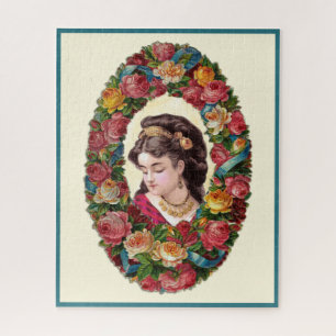Victorian Woman Inside Multicolor Rose Wreath Jigsaw Puzzle