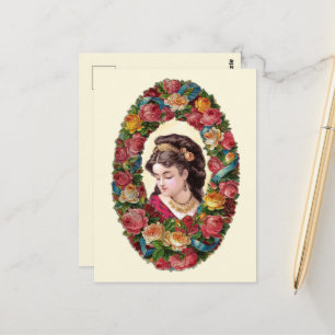 Victorian Woman Inside Multicolor Rose Wreath Postcard