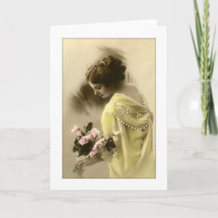 Victorian woman pink roses, romantic card