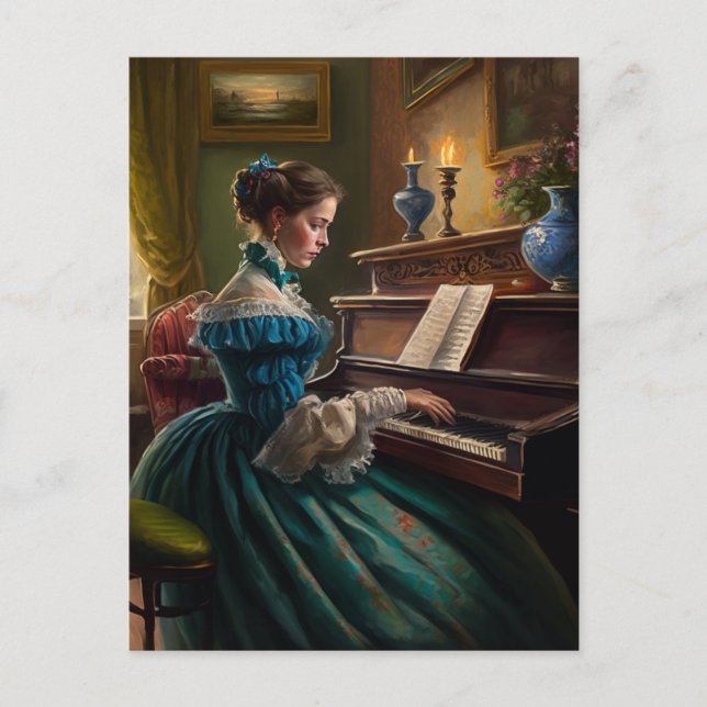 Victorian woman playing piano postcard (Front)