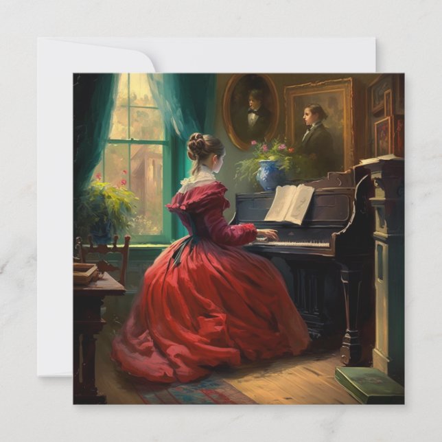 Victorian woman playing the piano, oil painting card (Front)