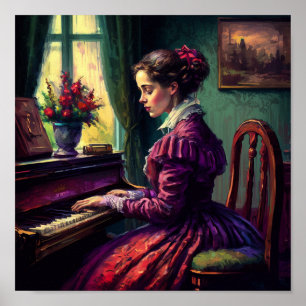 Victorian woman playing the piano, oil painting poster