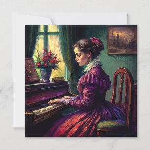 Victorian woman playing the piano, oil painting thank you card