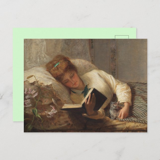 Victorian Woman Reading Holding Kitten Postcard  (Front/Back)