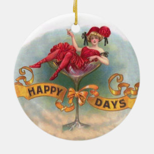Victorian Woman Red Champagne Happy Ceramic Ornament
