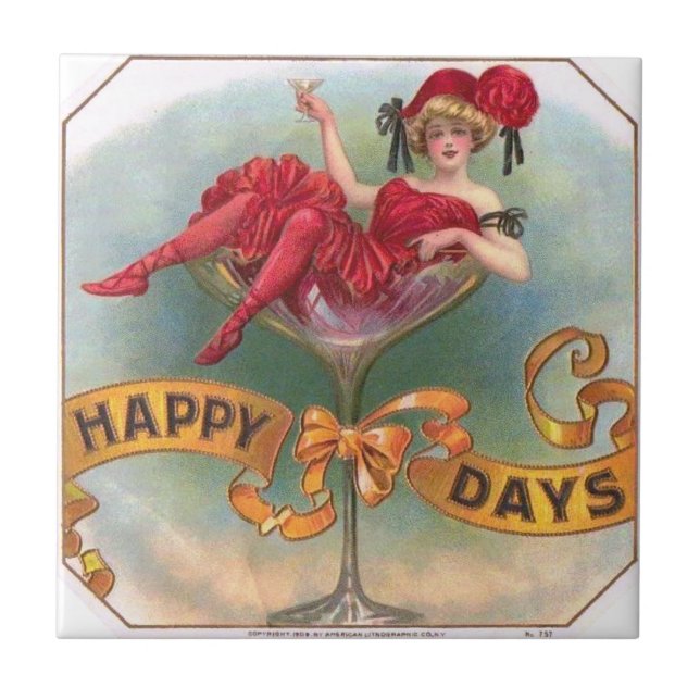 Victorian Woman Red Champagne Happy Ceramic Tile (Front)