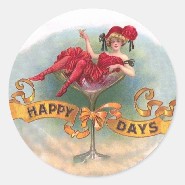 Victorian Woman Red Champagne Happy Classic Round Sticker (Front)