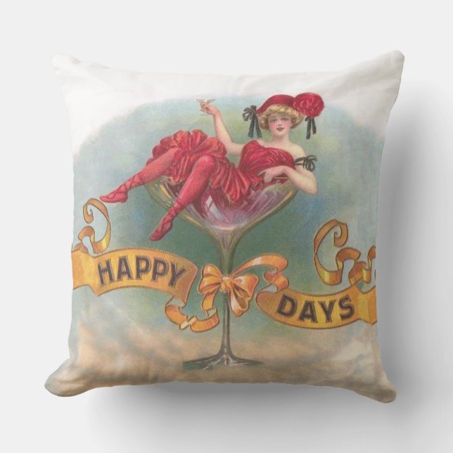 Victorian Woman Red Champagne Happy Cushion (Front)