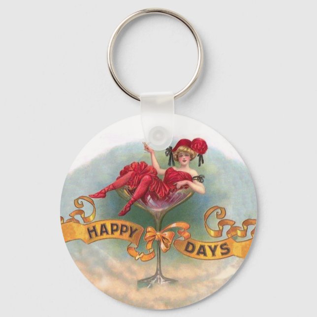 Victorian Woman Red Champagne Happy Key Ring (Front)
