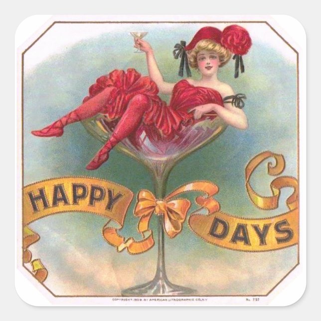 Victorian Woman Red Champagne Happy Square Sticker (Front)