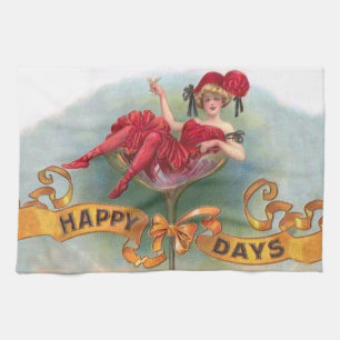 Victorian Woman Red Champagne Happy Tea Towel