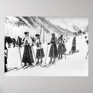 Victorian Woman Skiers, Black and White Vintage  Poster