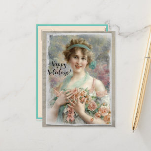 Victorian Woman w/ Roses on Watercolor Background Holiday Postcard