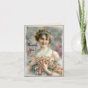 Victorian Woman w/ Roses on Watercolor Background Thank You Card