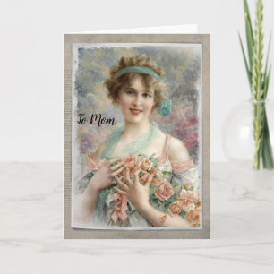 Victorian Woman w/ Roses on Watercolor Card