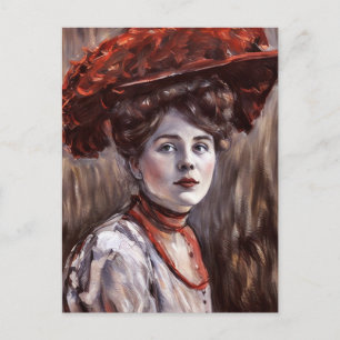 Victorian woman wearing hat red feathers art postcard