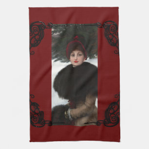 Victorian woman winter scene portrait red black tea towel