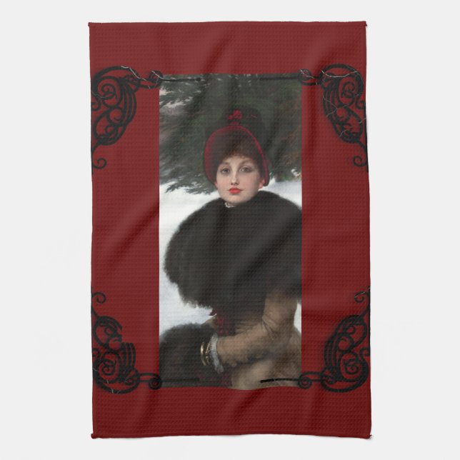 Victorian woman winter scene portrait red black  tea towel (Vertical)