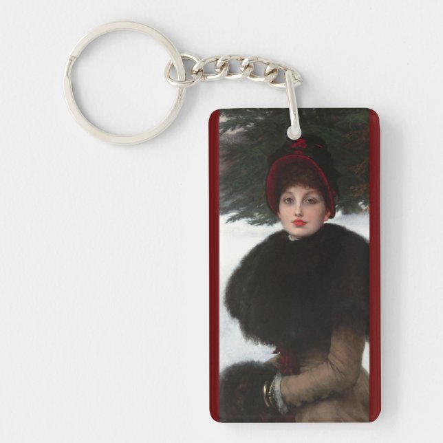 Victorian woman winter scene portrait red white  key ring (Front)