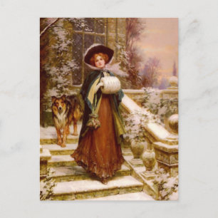 Victorian Woman with Collie Dog Christmas Holiday  Postcard