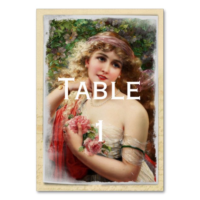 Victorian Woman with Pink Roses Table Number (Back)