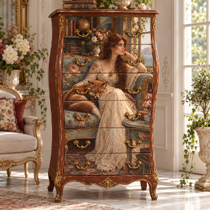 Victorian Woman With Sleeping Fox Decoupage Tissue Paper