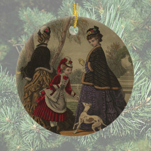 Victorian Women Girl & Dog On A Stroll Ceramic Ornament