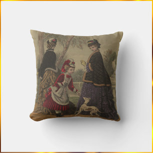Victorian Women Girl & Dog On A Stroll Cushion